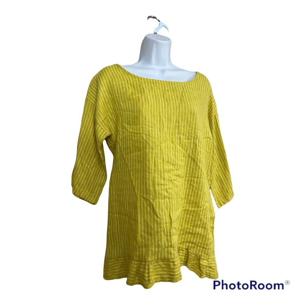NWT Italian Linen Top Tunic Small Yellow Stripes Lagenlook Boho Resort Vacation - Picture 3 of 8